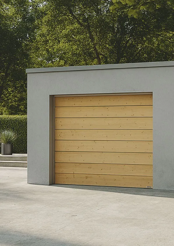 Naturholz-Sektionaltor in grauer Garage – Garagentore in Meine von REIMANN